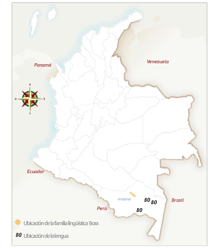 Imagen del mapa de Colombia con la ubicación geográfica del pueblo bora. 