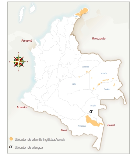 Mapa de Colombia con la ubicación geográfica del pueblo cabiyarí.