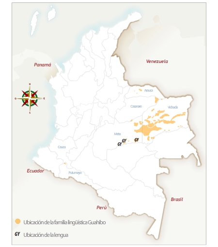 Mapa de Colombia con la ubicación geográfica del pueblo guayabero.