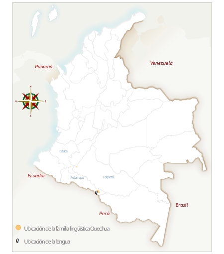 Mapa de Colombia con la ubicación geográfica del pueblo quechua.