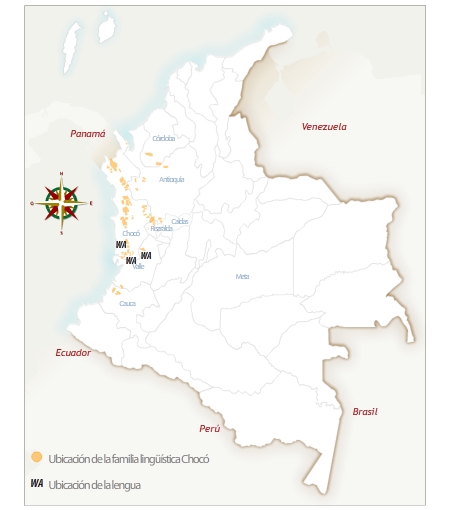 Mapa de Colombia con la ubicación geográfica del pueblo wounaan