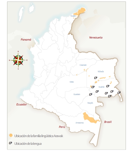 Mapa de Colombia con la ubicación geográfica del pueblo kurripaco.