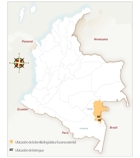 Mapa de Colombia con la ubicación geográfica del pueblo macuna. 