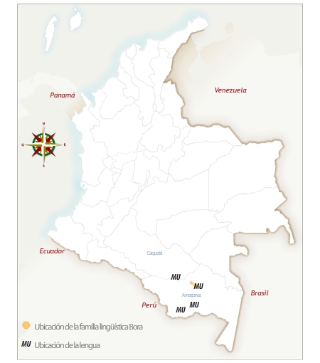 Mapa de Colombia con la ubicación geográfica del pueblo muinane