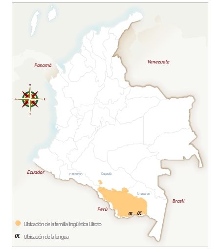 Mapa de Colombia con la ubicación geográfica del pueblo ocaina.