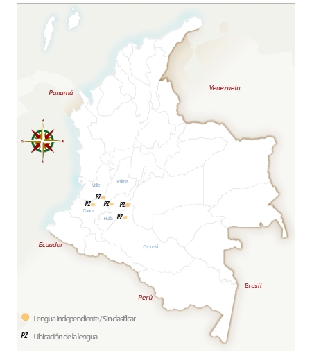 Mapa de Colombia con la ubicación geográfica del pueblo nasa. 