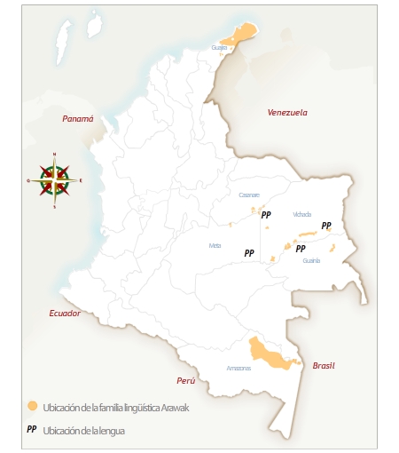 Mapa de Colombia con la ubicación geográfica del pueblo piapoco. 