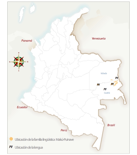 Mapa de Colombia con la ubicación geográfica del pueblo Puinave.