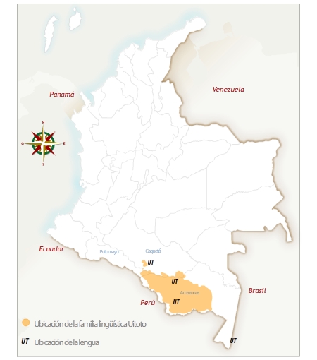 Mapa de Colombia con la ubicación geográfica del pueblo uitoto.