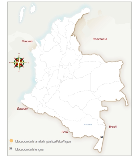 Mapa de Colombia con la ubicación geográfica del pueblo yagua. 