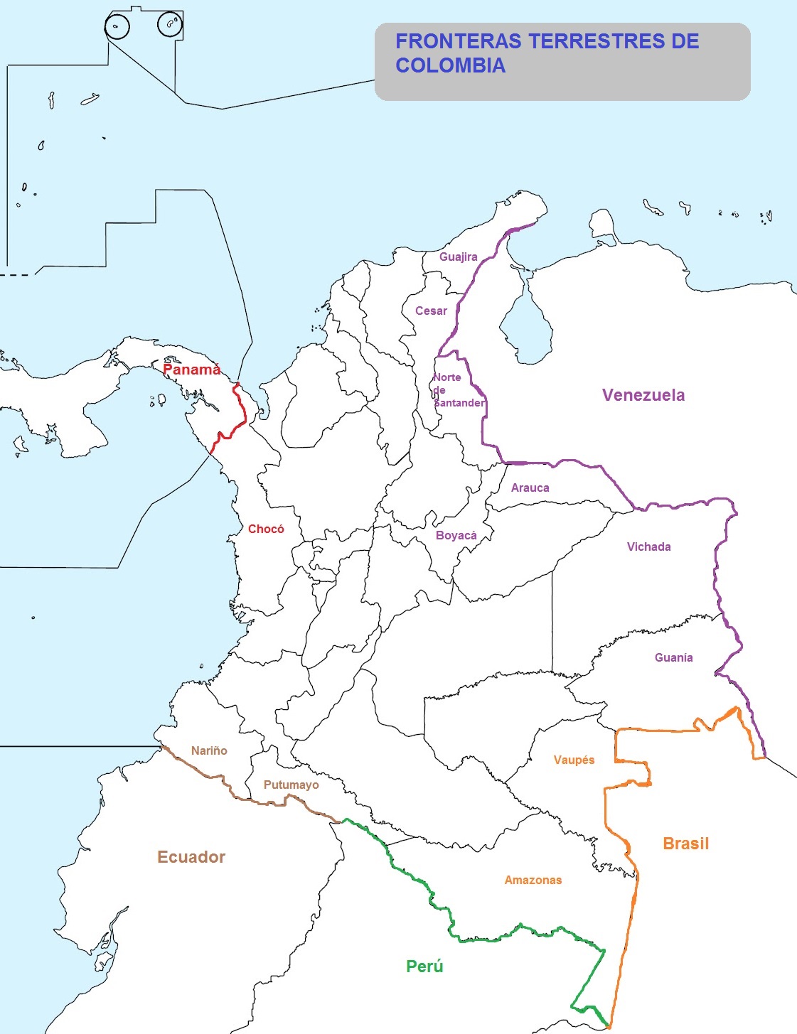 Mapa de Colombia con las fronteras terrestres marcadas.
