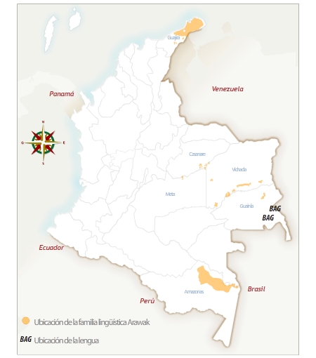 Imagen del mapa de Colombia con la ubicación geográfica del pueblo baniva.