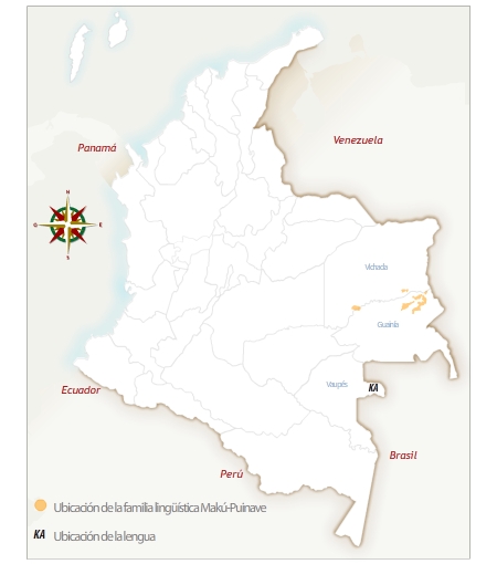 Mapa de Colombia con la ubicación geográfica del pueblo kakua. 