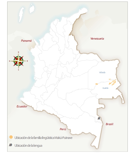 Mapa de Colombia con la ubicación geográfica del pueblo yuhup. 